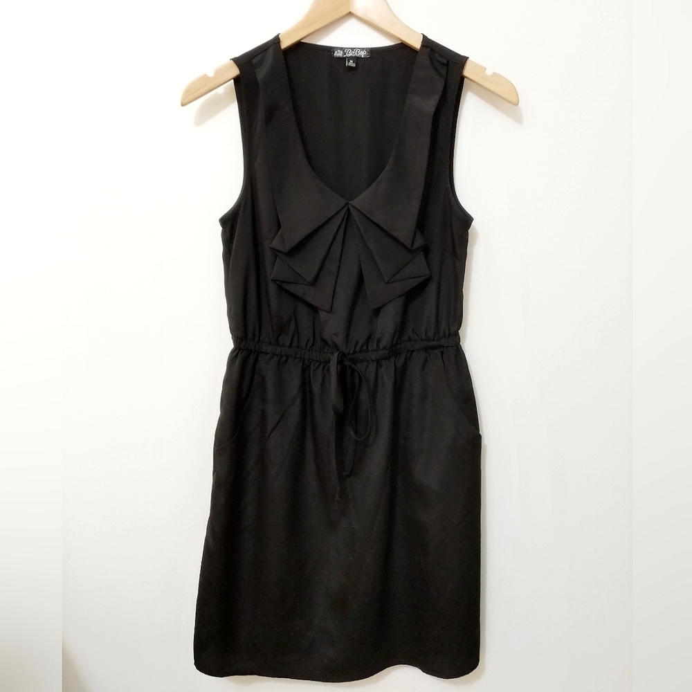 BeBop All Black Sleeveless Ruffle Bow Dress with Drawstring & Pockets  (Medium)